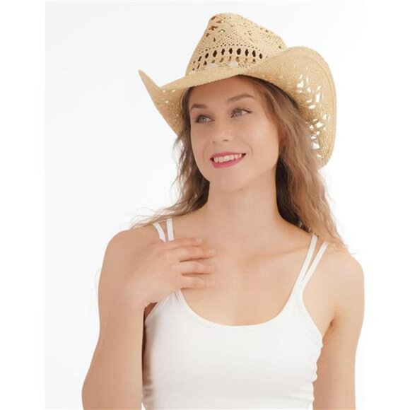 Straw Cowboy Hat for Women Men Western Wide Brim Shapeable Sun Hat Summer - Picture 5 of 7